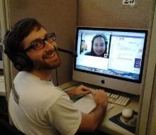 Portuguese student Kent Kinzer Skyping with a Brazilian student of English